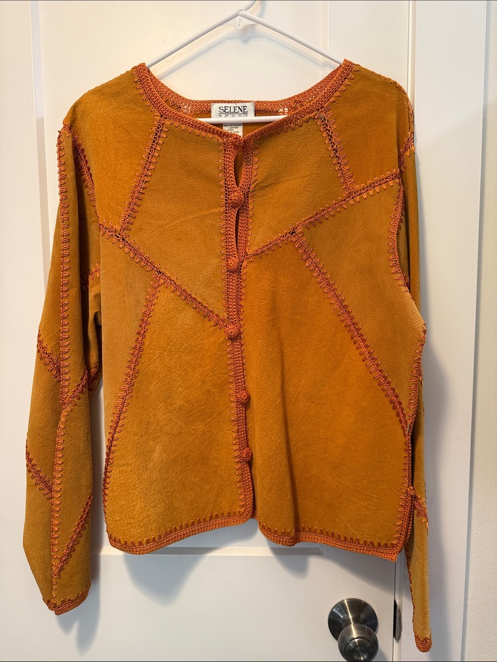 Selene Sport Women's Vintage  Suede Leather Cardigan with Crocheted Trim size L